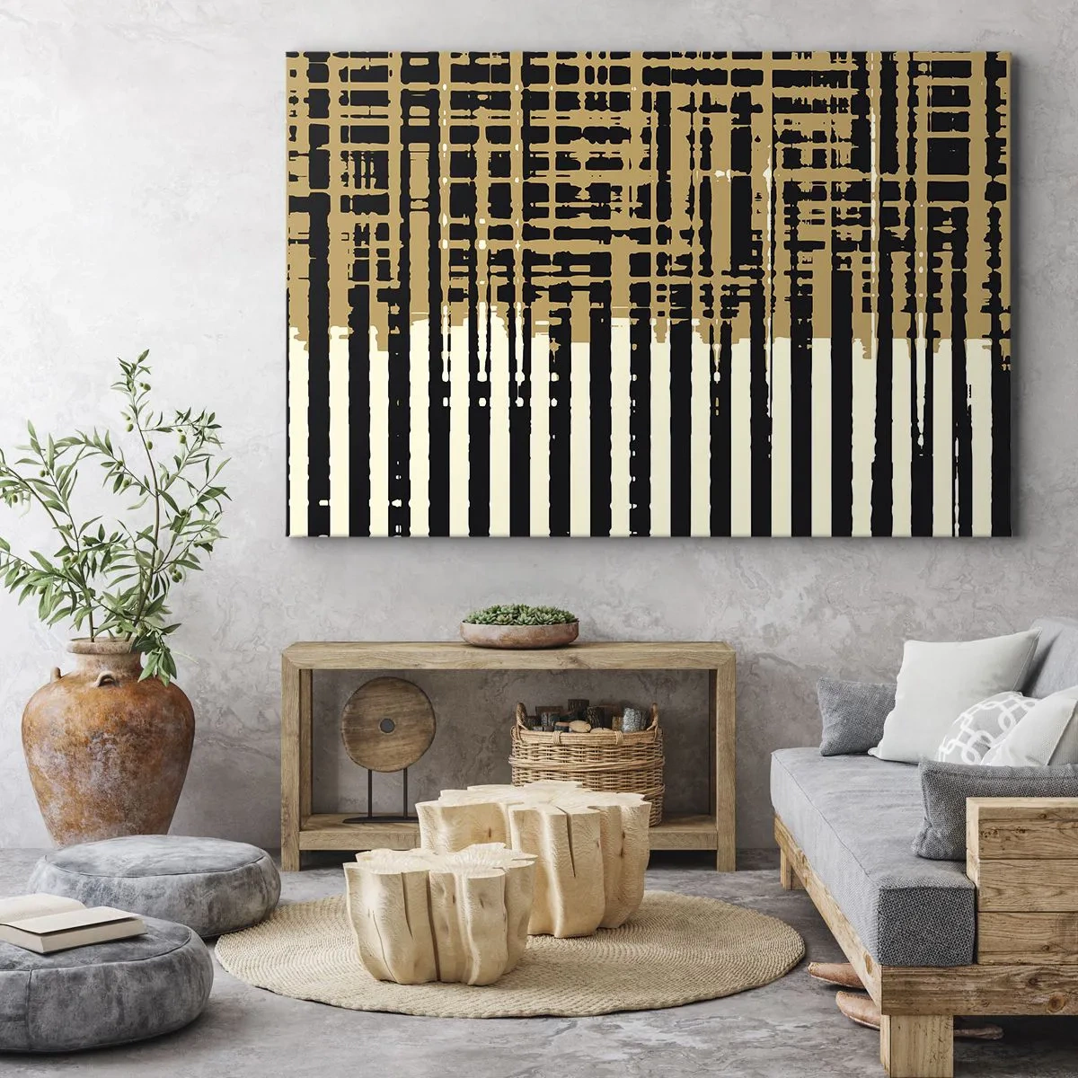 Cuadro sobre lienzo - Impresión de Imagen - Líneas abstractas en negro, beige y blanco. - 70x50cm - Abstracción arquitectónica - Decoración de pared moderna para salón y dormitorio ARTTOR