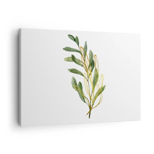 Cuadro sobre lienzo - Impresión de Imagen - Rama verde con hojas sobre fondo blanco. - 70x50cm - La vida se abre camino - Decoración de pared moderna para salón y dormitorio ARTTOR