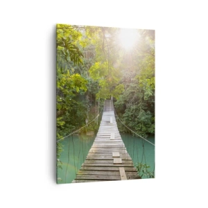 Cuadro sobre lienzo - Impresión de Imagen - Un puente colgante en un bosque tropical iluminado por la luz del sol. - 70x100cm - Sobre el agua azul hacia el bosque - Decoración de pared moderna para salón y dormitorio ARTTOR