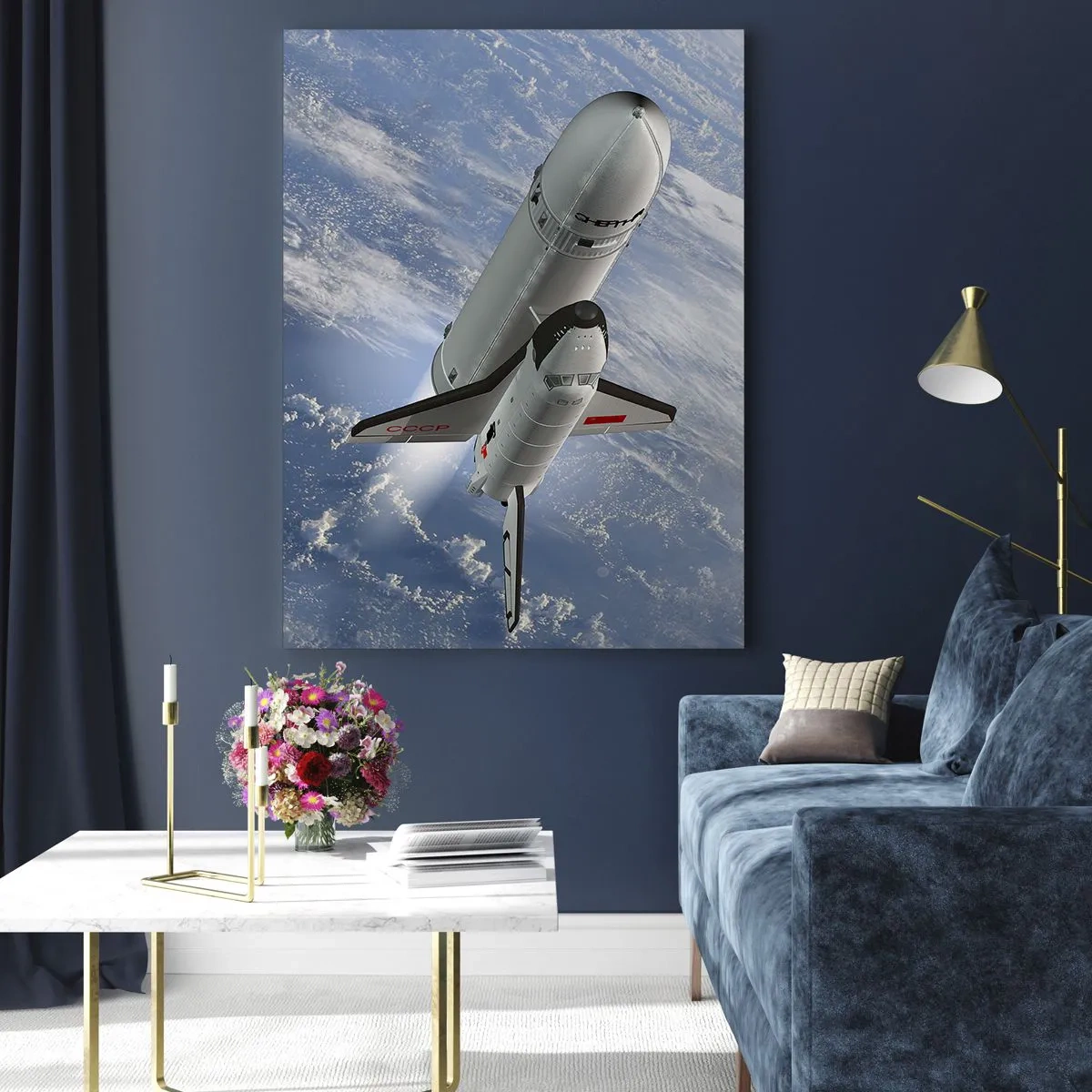 Cuadro sobre vidrio - Impresiones sobre Vidrio - Un transbordador espacial despegando en el espacio con la Tierra al fondo. - 50x70cm - Ascensión cósmica - Decoración de pared moderna para salón y dormitorio ARTTOR
