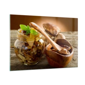 Cuadro sobre vidrio - Impresiones sobre Vidrio - Champiñones encurtidos en un tarro con un cuenco de madera y champiñones sobre la mesa al fondo - 100x70cm - Ya sea fresco, o salado, o de temporada de otoño.... - Decoración de pared moderna para salón y d