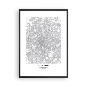 Póster en marco negro - Mapa en blanco y negro de Londres con detalles precisos de las calles - 50x70cm - Un mapa del laberinto de Londres - Decoración de pared moderna para salón y dormitorio ARTTOR