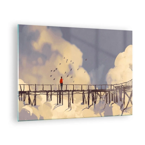 Cuadro sobre vidrio - Impresiones sobre Vidrio - Un hombre en un puente de madera rodeado de nubes. - 70x50cm - Anhelo azul - Decoración de pared moderna para salón y dormitorio ARTTOR