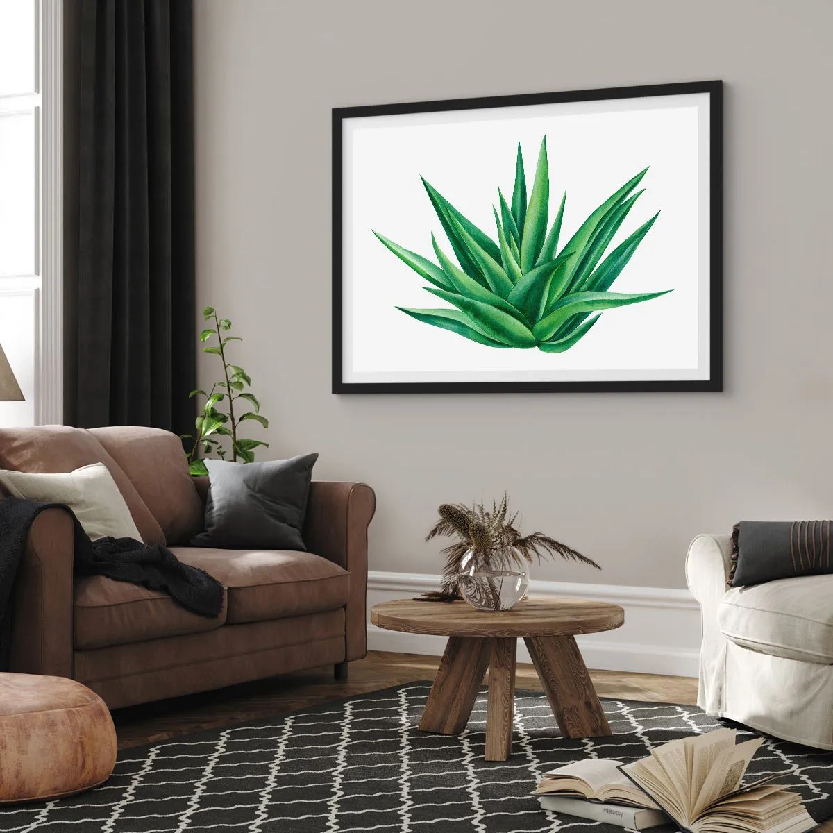 Póster en marco negro - Una planta verde jugosa sobre un fondo blanco. - 70x50cm - Verde - fuerza - vida - Decoración de pared moderna para salón y dormitorio ARTTOR