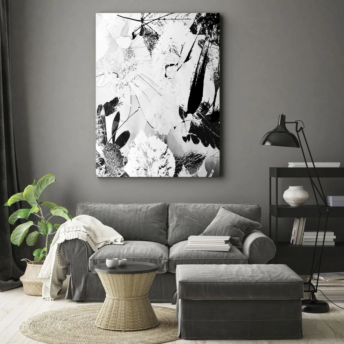 Cuadro sobre lienzo - Impresión de Imagen - Flores abstractas en blanco y negro en un estilo minimalista. - 50x70cm - Otoño en negativo - Decoración de pared moderna para salón y dormitorio ARTTOR