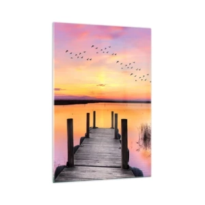 Cuadro sobre vidrio - Impresiones sobre Vidrio - Un muelle en un lago al atardecer con pájaros en el cielo. - 70x100cm - Violeta amanecer silencioso - Decoración de pared moderna para salón y dormitorio ARTTOR