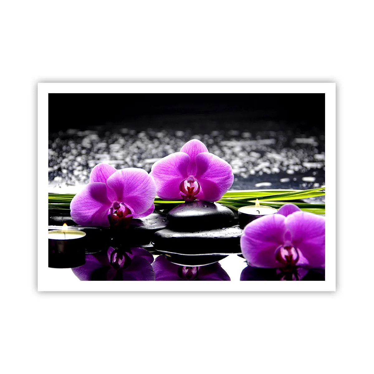 Póster - Orquídeas moradas sobre un fondo de piedras y velas en un entorno relajante. - 100x70cm - Ahogarse en la paz y la tranquilidad - Decoración de pared moderna para salón y dormitorio ARTTOR