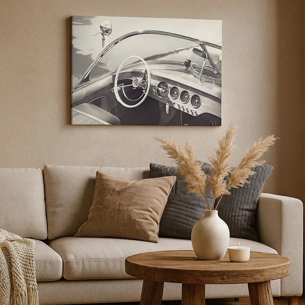 Cuadro sobre lienzo - Impresión de Imagen - Interior de coche clásico en estilo monocromático. - 70x50cm - Tiempo para los ricos - Decoración de pared moderna para salón y dormitorio ARTTOR