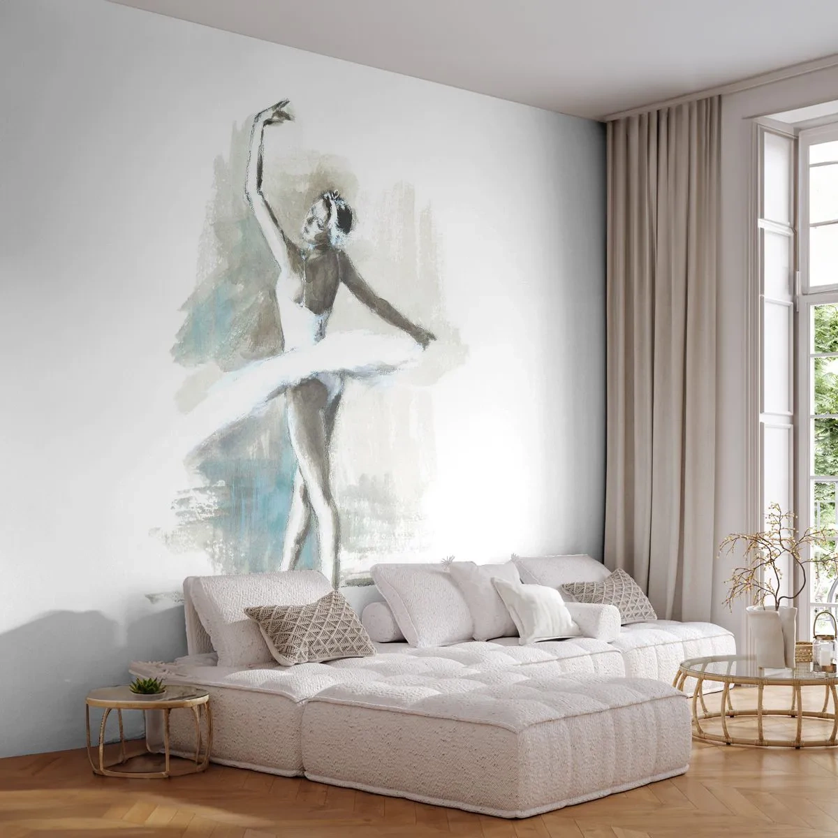 Fotomural Premium Sand - Bailarina en pose de baile en estilo acuarela. - 100x70cm - Encantada por un cisne - Decoración de pared moderna para salón y dormitorio ARTTOR