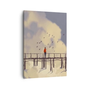 Cuadro sobre lienzo - Impresión de Imagen - Una figura en un puente entre nubes con pájaros en el cielo. - 50x70cm - Anhelo azul - Decoración de pared moderna para salón y dormitorio ARTTOR