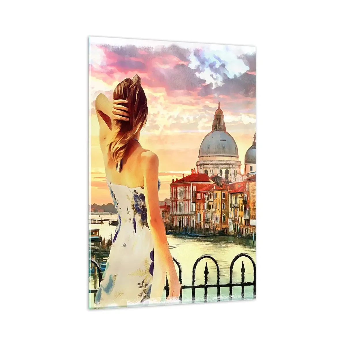 Cuadro sobre vidrio - Impresiones sobre Vidrio - Una mujer admirando el pintoresco paisaje junto al canal. - 80x120cm - Escapada de fin de semana - Decoración de pared moderna para salón y dormitorio ARTTOR