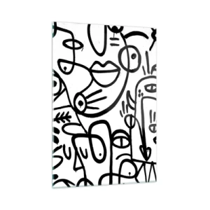 Cuadro sobre vidrio - Impresiones sobre Vidrio - Abstracción en blanco y negro con ojos, caras y líneas. - 50x70cm - Rostros y espejismos - Decoración de pared moderna para salón y dormitorio ARTTOR