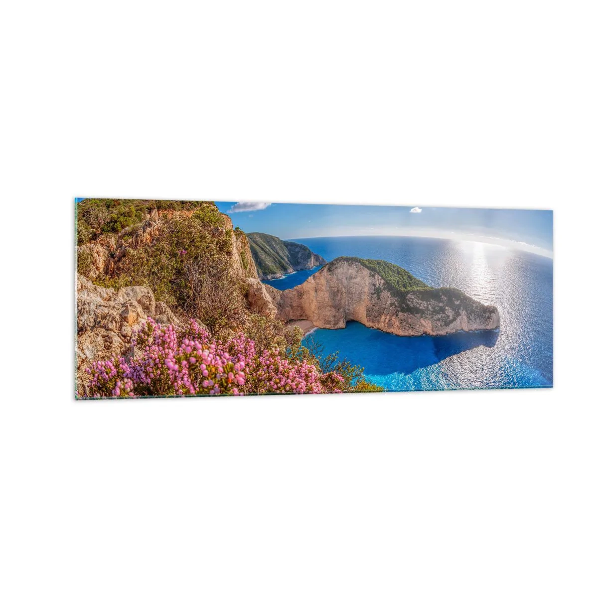 Cuadro sobre vidrio - Impresiones sobre Vidrio - Un acantilado con flores, un mar turquesa y un soleado paisaje griego. - 140x50cm - Mis grandes vacaciones en Grecia - Decoración de pared moderna para salón y dormitorio ARTTOR
