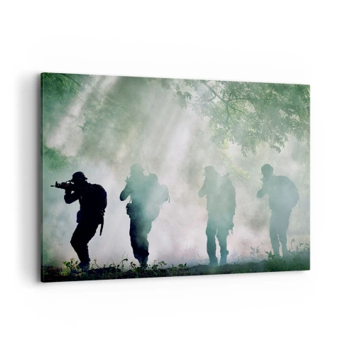 Cuadro sobre lienzo - Impresión de Imagen - Siluetas de soldados en un bosque rodeado de niebla. - 100x70cm - Uno para todos... - Decoración de pared moderna para salón y dormitorio ARTTOR