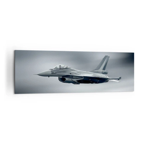 Cuadro sobre lienzo - Impresión de Imagen - Un avión de combate en vuelo contra un cielo nublado. - 160x50cm - ¿Quieres un reto? - Decoración de pared moderna para salón y dormitorio ARTTOR