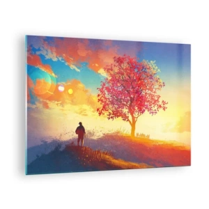Cuadro sobre vidrio - Impresiones sobre Vidrio - Una figura con el telón de fondo de un cielo colorido y un árbol en colores cálidos. - 70x50cm - Un peregrino en su destino - Decoración de pared moderna para salón y dormitorio ARTTOR