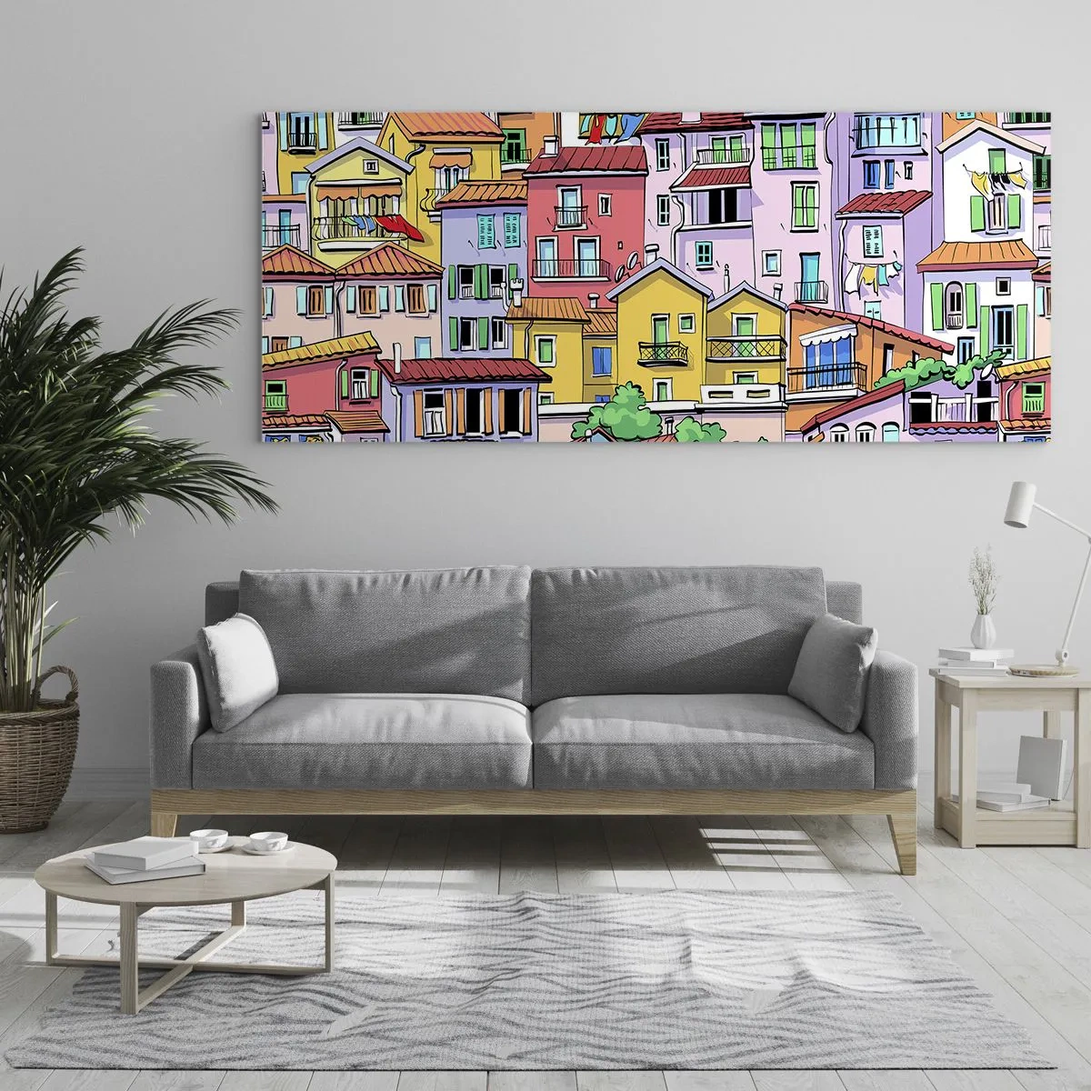 Cuadro sobre vidrio - Impresiones sobre Vidrio - Casas de vecindad coloridas en un estilo animado y alegre - 160x50cm - Ciudad alegre - Decoración de pared moderna para salón y dormitorio ARTTOR