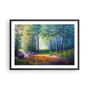 Póster en marco negro - Un arroyo forestal rodeado de abedules y sol. - 70x50cm - Paisaje idílico - Decoración de pared moderna para salón y dormitorio ARTTOR