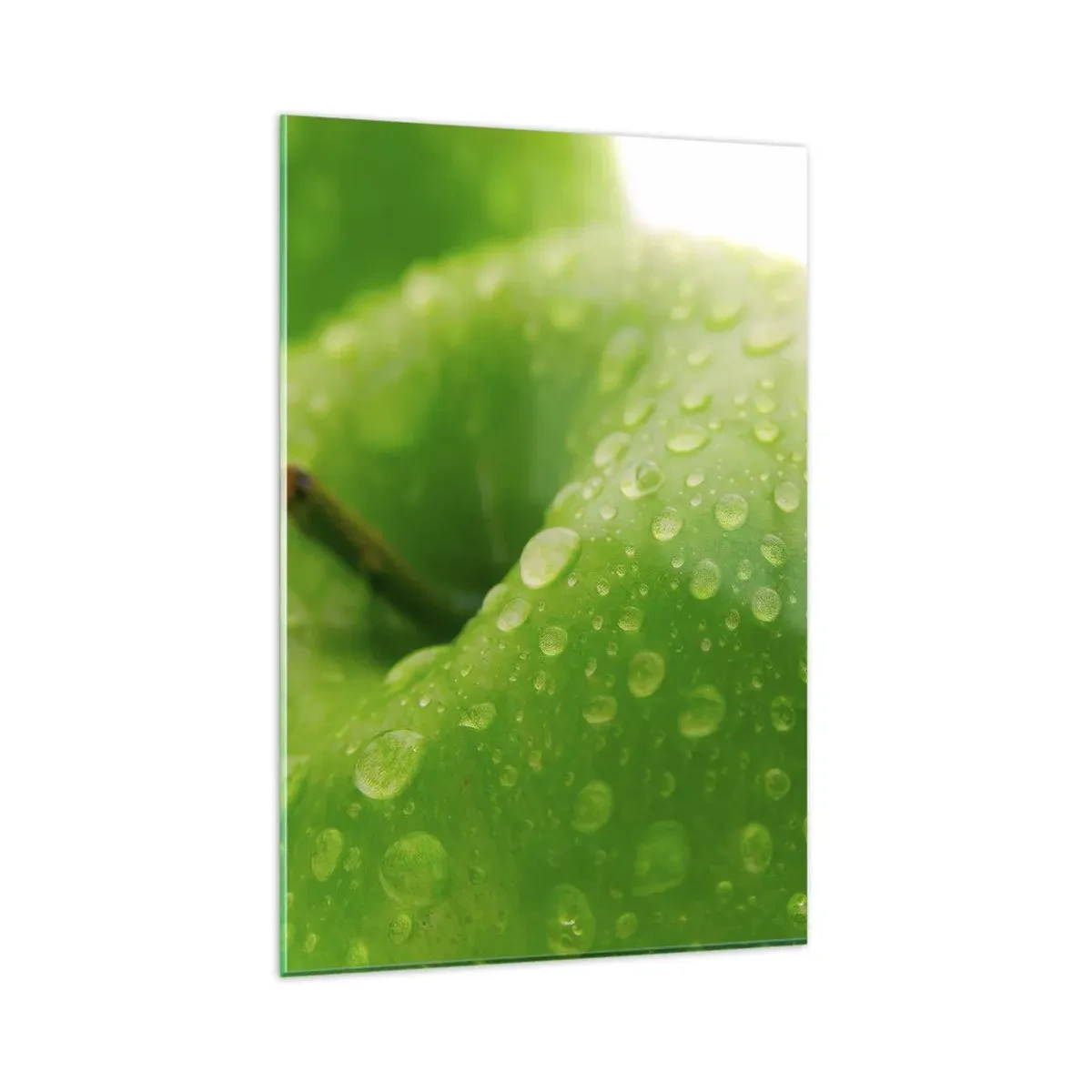 Cuadro sobre vidrio - Impresiones sobre Vidrio - Primer plano de una manzana verde con gotas de agua. - 80x120cm - Frescor verde - Decoración de pared moderna para salón y dormitorio ARTTOR