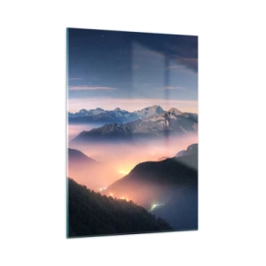 Cuadro sobre vidrio - Impresiones sobre Vidrio - Paisaje de montaña al atardecer con niebla en el valle - 50x70cm - Luz en los valles - Decoración de pared moderna para salón y dormitorio ARTTOR