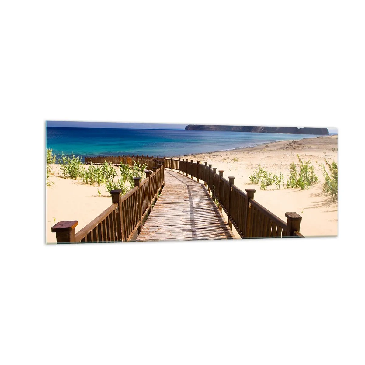 Cuadro sobre vidrio - Impresiones sobre Vidrio - Camino de madera que conduce a la playa con vistas al mar. - 140x50cm - Llévame a la isla de la felicidad - Decoración de pared moderna para salón y dormitorio ARTTOR