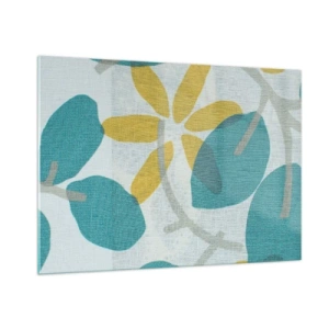 Cuadro sobre vidrio - Impresiones sobre Vidrio - Un gráfico de planta con hojas azules y flores amarillas. - 100x70cm - Entre hojas azules - Decoración de pared moderna para salón y dormitorio ARTTOR