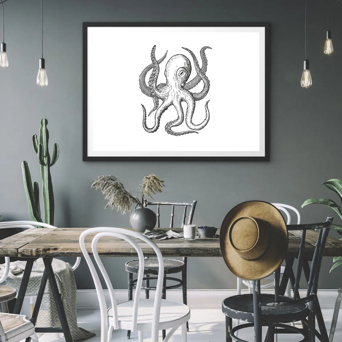 Póster en marco negro - Dibujo en blanco y negro de un pulpo sobre un fondo blanco en estilo vintage. - 100x70cm - Bailando con olas - Decoración de pared moderna para salón y dormitorio ARTTOR