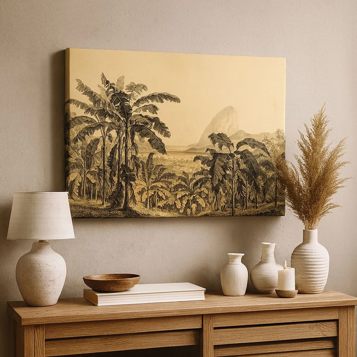 Cuadro sobre lienzo - Impresión de Imagen - Dibujo de árboles de plátano sobre un fondo de paisaje tropical. - 70x50cm - En un ambiente colonial - Decoración de pared moderna para salón y dormitorio ARTTOR