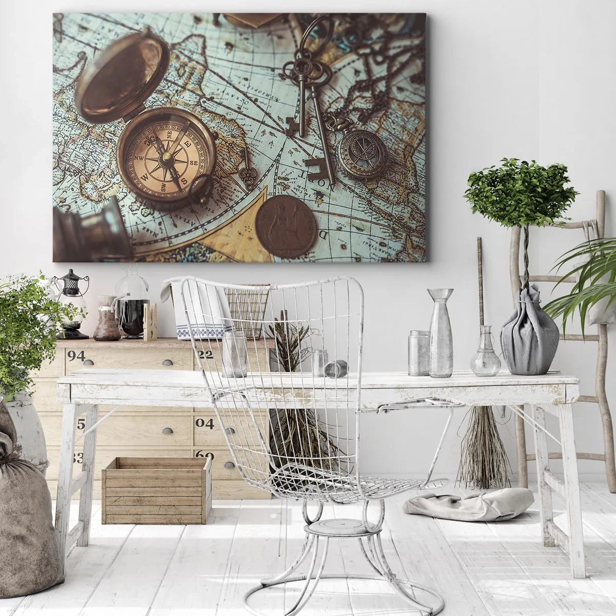 Cuadro sobre lienzo - Impresión de Imagen - Composición con brújula, llaves y un mapa antiguo en estilo retro - 70x50cm - Para el aventurero - Decoración de pared moderna para salón y dormitorio ARTTOR