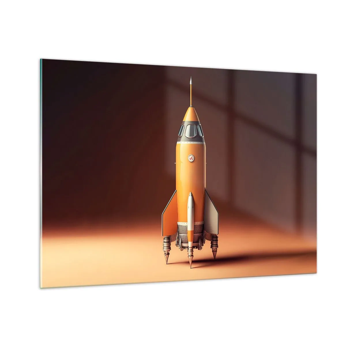 Cuadro sobre vidrio - Impresiones sobre Vidrio - Un cohete naranja sobre un fondo de luz suave. - 100x70cm - Comienza con un sueño - Decoración de pared moderna para salón y dormitorio ARTTOR