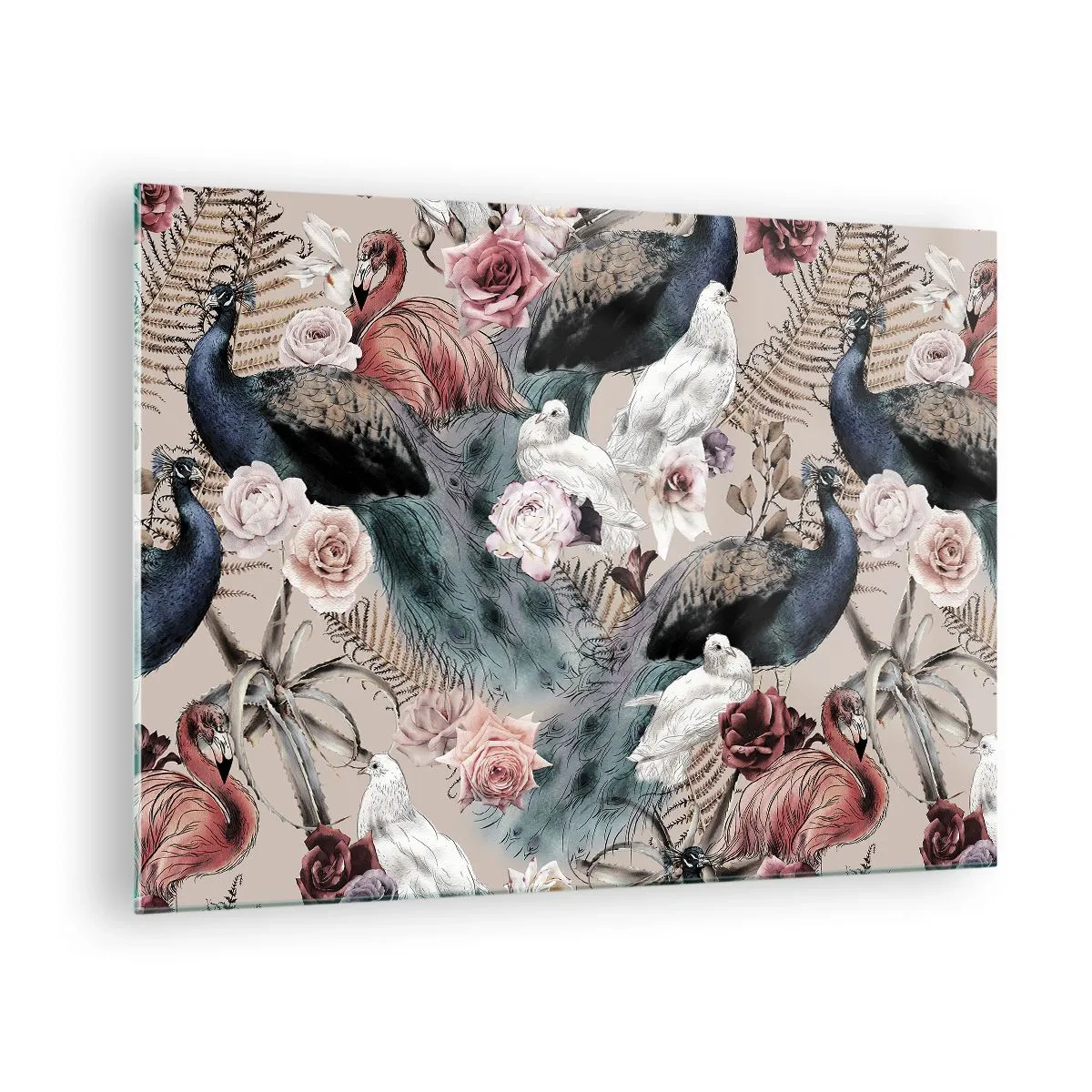 Cuadro sobre vidrio - Impresiones sobre Vidrio - Pavos reales y flamencos rodeados de rosas y helechos. - 70x50cm - En un jardín de palacio - Decoración de pared moderna para salón y dormitorio ARTTOR