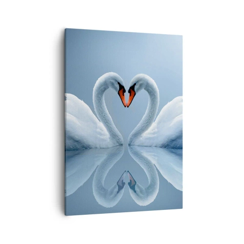 Cuadro sobre lienzo - Impresión de Imagen - Dos cisnes formando un corazón en una superficie tranquila del agua. - 50x70cm - Tiempo de amor - Decoración de pared moderna para salón y dormitorio ARTTOR