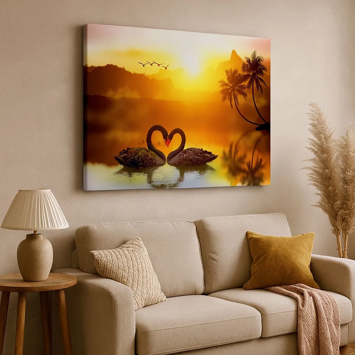 Cuadro sobre lienzo - Impresión de Imagen - Dos cisnes negros formando un corazón con el telón de fondo de un atardecer en el lago. - 70x50cm - Todo a juego - Decoración de pared moderna para salón y dormitorio ARTTOR