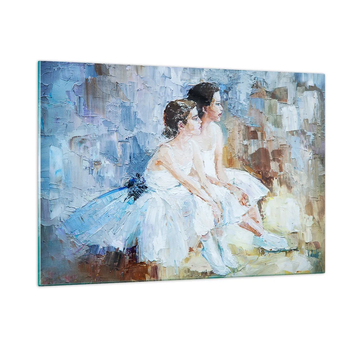 Cuadro sobre vidrio - Impresiones sobre Vidrio - Dos bailarinas con vestidos blancos sobre un fondo impresionista. - 120x80cm - Cisnes jóvenes descansando - Decoración de pared moderna para salón y dormitorio ARTTOR