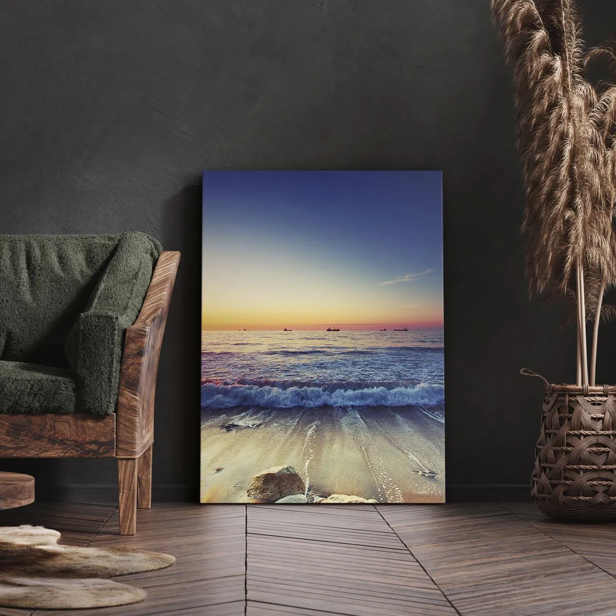 Cuadro sobre lienzo - Impresión de Imagen - Puesta de sol sobre un mar tranquilo con olas - 50x70cm - ¿Y qué hay tras el horizonte? - Decoración de pared moderna para salón y dormitorio ARTTOR