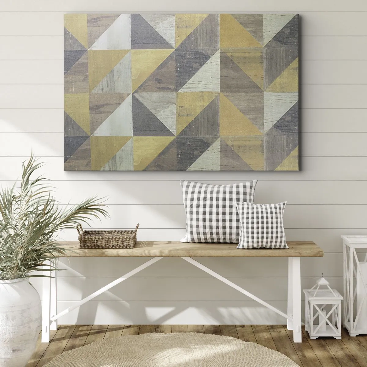Cuadro sobre lienzo - Impresión de Imagen - Composición geométrica de triángulos en tonos tierra. - 70x50cm - El arte de los triángulos - Decoración de pared moderna para salón y dormitorio ARTTOR