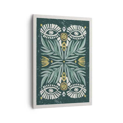 Cuadro sobre lienzo - Impresión de Imagen - Patrón de planta simétrica sobre un fondo verde. - 50x70cm - Como un recorte folclórico - Decoración de pared moderna para salón y dormitorio ARTTOR