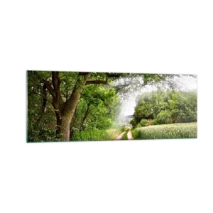 Cuadro sobre vidrio - Impresiones sobre Vidrio - Un camino de tierra entre árboles verdes y luz solar. - 140x50cm - Ensueño - Decoración de pared moderna para salón y dormitorio ARTTOR