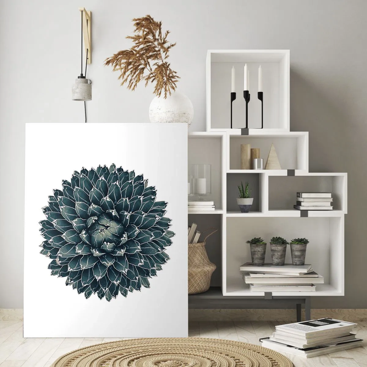 Cuadro sobre vidrio - Impresiones sobre Vidrio - Planta suculenta simétrica sobre un fondo blanco. - 80x120cm - Estrella del desierto - Decoración de pared moderna para salón y dormitorio ARTTOR