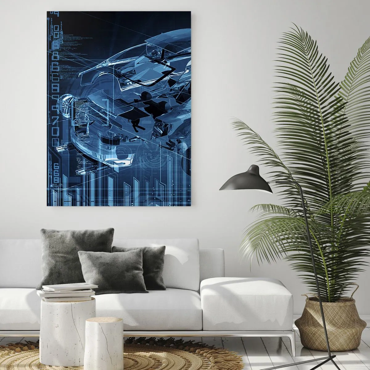 Cuadro sobre vidrio - Impresiones sobre Vidrio - Diagrama tecnológico de un coche de estilo futurista. - 50x70cm - Anatomía del ingeniero - Decoración de pared moderna para salón y dormitorio ARTTOR
