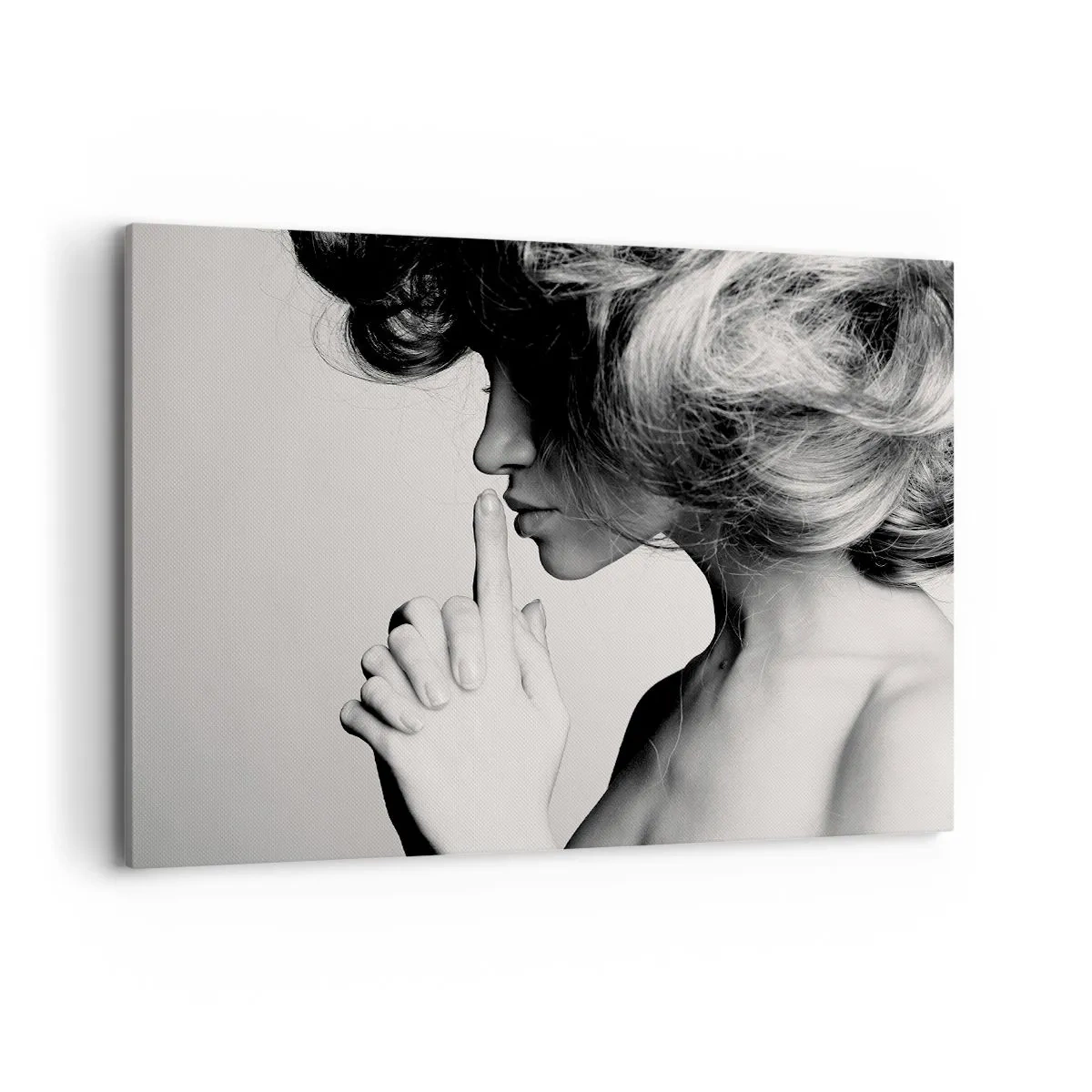 Cuadro sobre lienzo - Impresión de Imagen - Perfil en blanco y negro de una mujer haciendo un gesto de silencio. - 120x80cm - Escucharme a mí misma - Decoración de pared moderna para salón y dormitorio ARTTOR