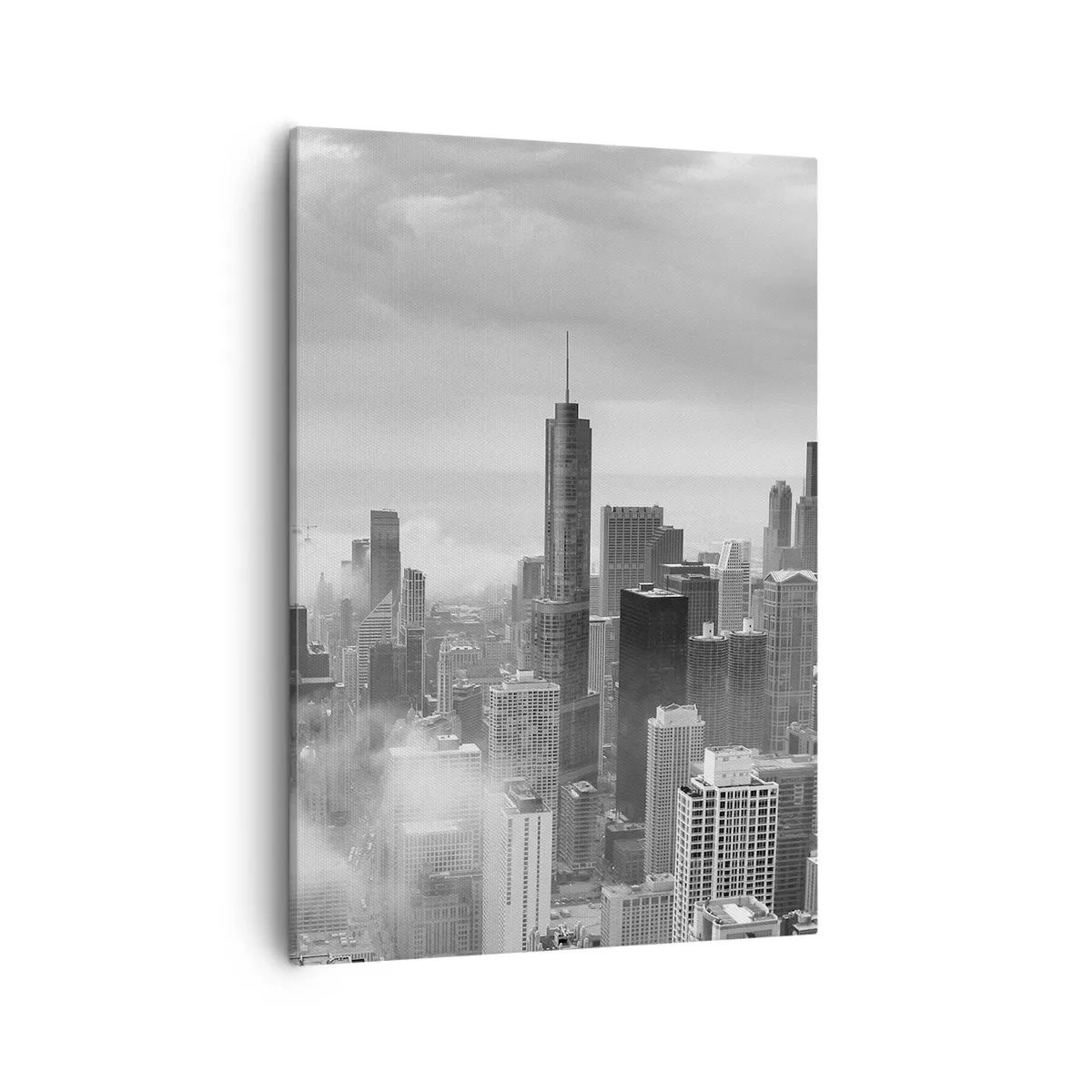 Cuadro sobre lienzo - Impresión de Imagen - Panorama de la ciudad con rascacielos en las nubes en blanco y negro - 50x70cm - Paisaje americano - Decoración de pared moderna para salón y dormitorio ARTTOR
