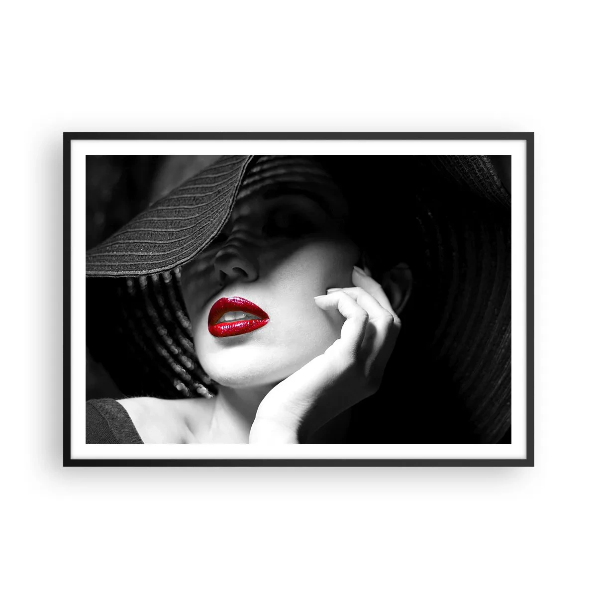 Póster en marco negro - Retrato en blanco y negro de una mujer con labios rojos. - 100x70cm - Estudio en escarlata - Decoración de pared moderna para salón y dormitorio ARTTOR