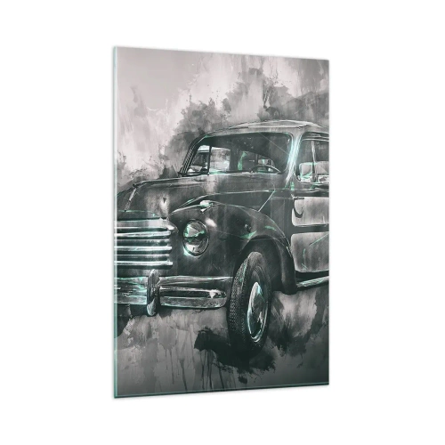 Cuadro sobre vidrio - Impresiones sobre Vidrio - Un coche retro clásico con un fondo artístico. - 80x120cm - Antepasado respetable - Decoración de pared moderna para salón y dormitorio ARTTOR