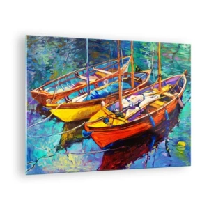 Cuadro sobre vidrio - Impresiones sobre Vidrio - Barcos coloridos en aguas tranquilas - 70x50cm - Sobre el agua espesa de color - Decoración de pared moderna para salón y dormitorio ARTTOR