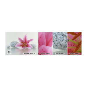 Muestra de fotomural autoadhesivo Deluxe Sticker - Estudio en rosa, gris y blanco - flores, Lirio, piedras - 100x30 cm