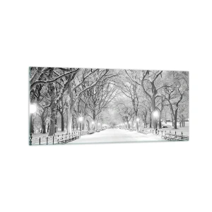 Cuadro sobre vidrio - Impresiones sobre Vidrio - Un callejón invernal con árboles cubiertos de nieve en monocromo. - 120x50cm - Cuatro estaciones - invierno - Decoración de pared moderna para salón y dormitorio ARTTOR
