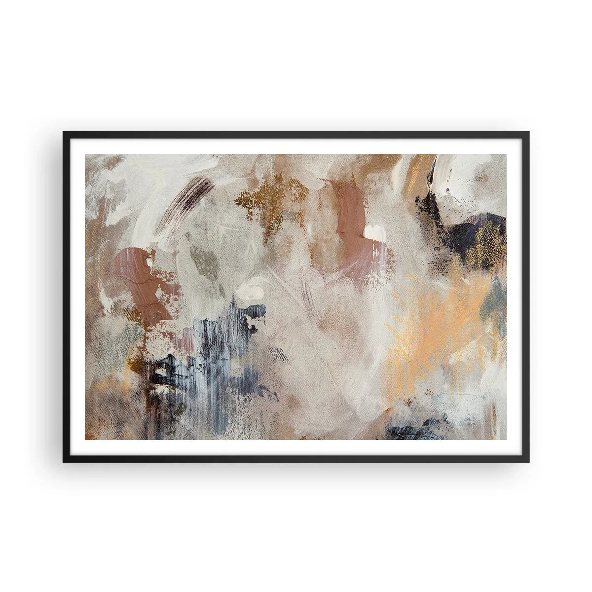 Póster en marco negro - Manchas abstractas en tonos apagados de beige y dorado. - 100x70cm - Abstracción brumosa - Decoración de pared moderna para salón y dormitorio ARTTOR