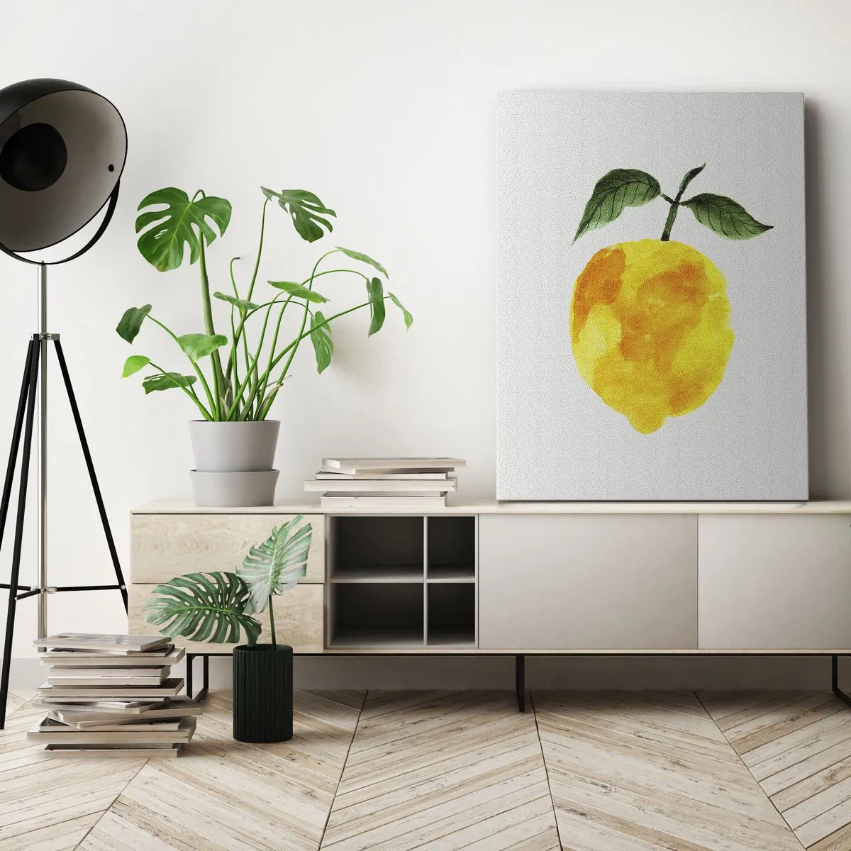 Cuadro sobre lienzo - Impresión de Imagen - Limón de acuarela con hojas verdes sobre un fondo claro. - 50x70cm - Cómo conocer el sabor del sol - Decoración de pared moderna para salón y dormitorio ARTTOR