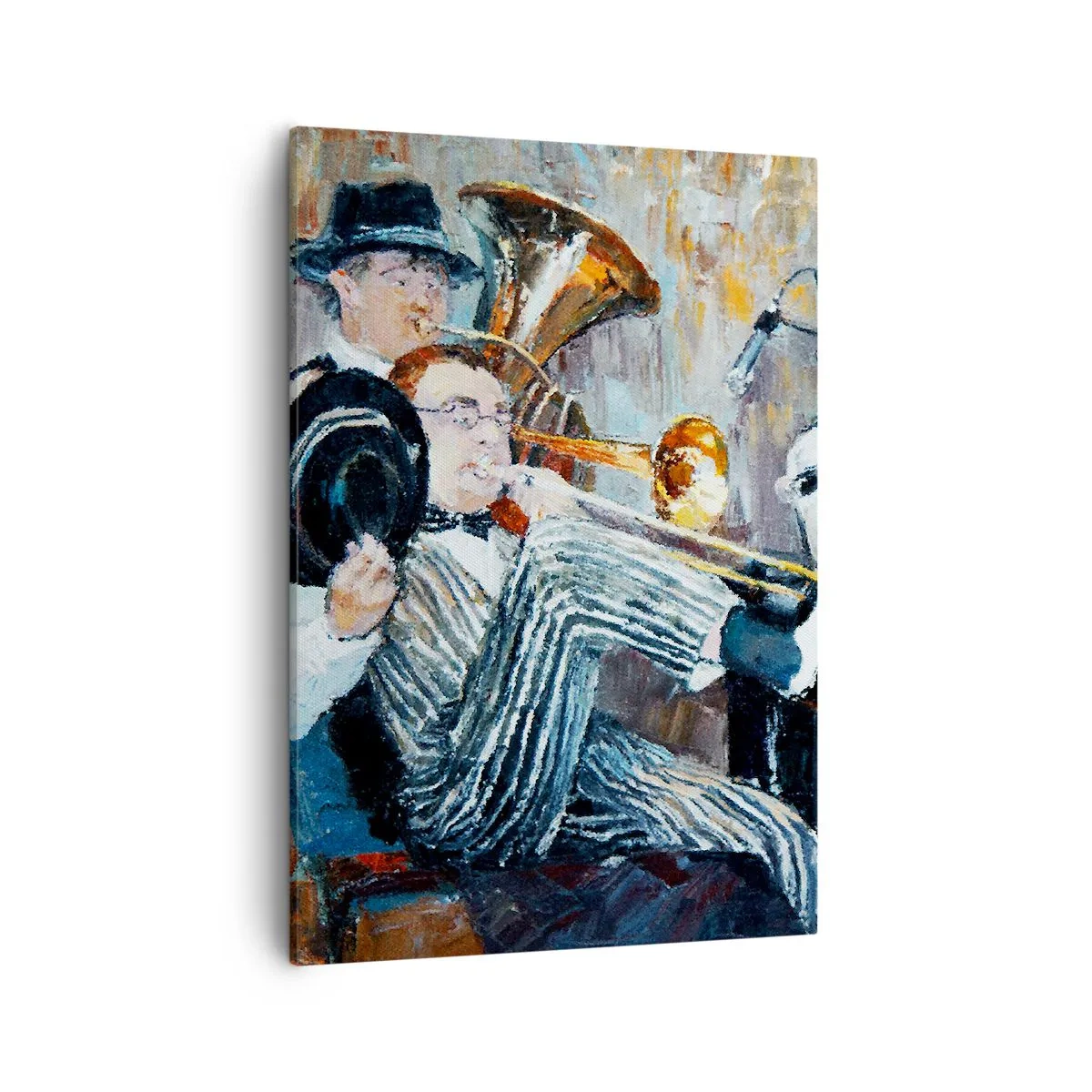 Cuadro sobre lienzo - Impresión de Imagen - Músicos de jazz en estilo pictórico durante un concierto. - 50x70cm - Todo ese jazz - Decoración de pared moderna para salón y dormitorio ARTTOR